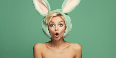 Beautiful Young Woman in a Bunny Costume on a Green Background with Space for Copyspace ,Generative AI. photo