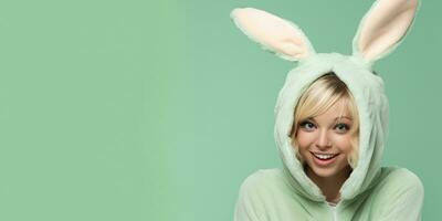 Beautiful Young Woman in a Bunny Costume on a Green Background with Space for Copyspace ,Generative AI. photo