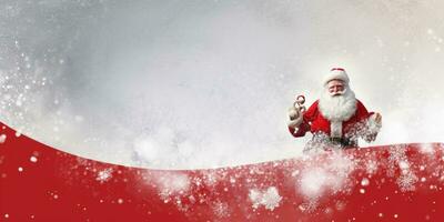 contento Papa Noel claus en un rojo bandera , en el nieve con espacio para copyspace ,generativo ai. foto