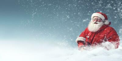 Happy Santa Claus on a Red Banner , in the snow with Space for Copyspace ,Generative AI. photo