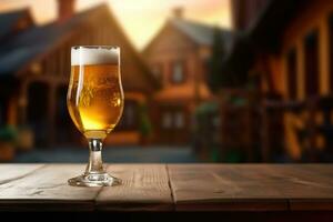 Glass of beer on a wooden table against the backdrop of half-timbered houses ,Copy space ,Generative AI photo