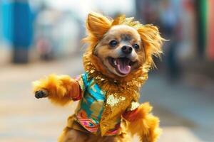 A funny dog in a multi-colored costume is dancing at the Brazilian Carnival ,Generative AI photo