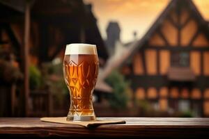 Glass of beer on a wooden table against the backdrop of half-timbered houses ,Copy space ,Generative AI photo