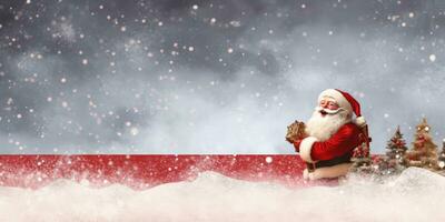 Happy Santa Claus on a Red Banner , in the snow with Space for Copyspace ,Generative AI. photo