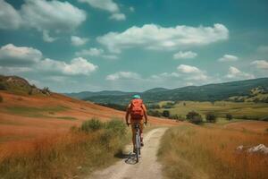 Cyclist with a red backpack on a background of blue sky.,Generative AI photo