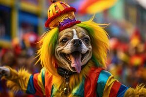 A funny dog in a multi-colored costume is dancing at the Brazilian Carnival ,Generative AI photo