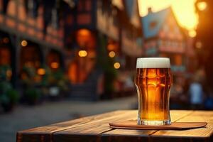 Glass of beer on a wooden table against the backdrop of half-timbered houses ,Copy space ,Generative AI photo