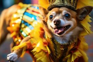 un gracioso perro en un multicolor disfraz es bailando a el brasileño carnaval ,generativo ai foto