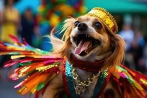 A funny dog in a multi-colored costume is dancing at the Brazilian Carnival ,Generative AI photo