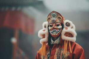 Asia hombre a festival vistiendo tradicional chino enmascarado traje, en chino nuevo año festival , Copiar espacio ,generativo ai foto