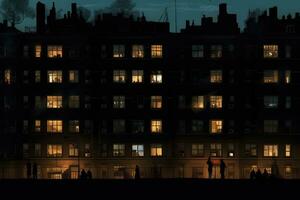 Apartments with silhouettes of people in the windows at night. ,Generative AI photo