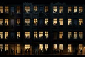 Apartments with silhouettes of people in the windows at night. ,Generative AI photo