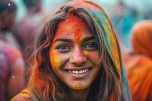 hermosa mujer a holi festival con vistoso pintar en rostro, generativo ai foto