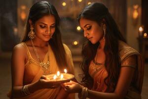 Two beautiful indian woman, holding diwali candle, Hindu festival of light. Generative AI photo