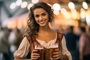 hermosa mujer participación cerveza, oktoberfest, Munich, antecedentes ,Copiar espacio ,generativo ai foto