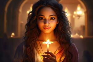 Beautiful indian girl, holding diwali candle, Hindu festival of light. Generative AI photo
