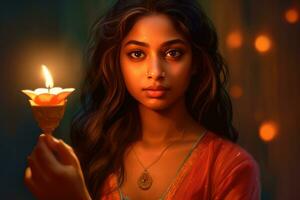 Beautiful indian girl, holding diwali candle, Hindu festival of light. Generative AI photo