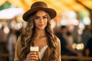 Beautiful Woman holding beer, Oktoberfest, munich, background ,Copy space ,Generative AI photo