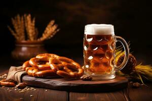 cerveza y salado pretzels en de madera antecedentes creado ,generativo ai foto