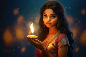 Beautiful indian girl, holding diwali candle, Hindu festival of light. Generative AI photo