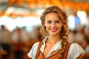 Beautiful Woman holding beer, Oktoberfest, munich, background ,Copy space ,Generative AI photo