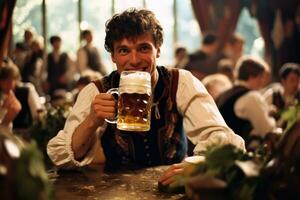 un hombre Bebiendo cerveza y teniendo divertido, oktoberfest, Munich ,generativo ai foto