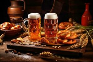 cerveza y salado pretzels en de madera antecedentes creado ,generativo ai foto