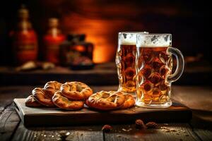 cerveza y salado pretzels en de madera antecedentes creado ,generativo ai foto