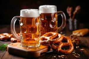 cerveza y salado pretzels en de madera antecedentes creado ,generativo ai foto