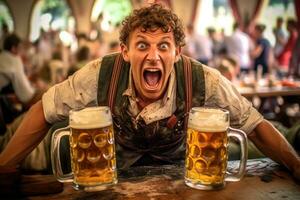 un hombre Bebiendo cerveza y teniendo divertido, oktoberfest, Munich ,generativo ai foto