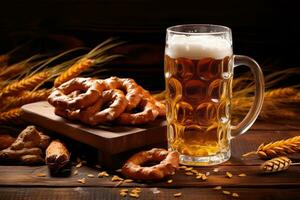 cerveza y salado pretzels en de madera antecedentes creado ,generativo ai foto