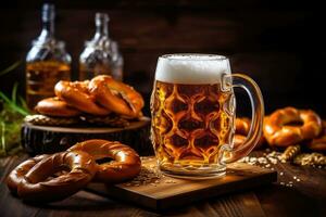 cerveza y salado pretzels en de madera antecedentes creado ,generativo ai foto