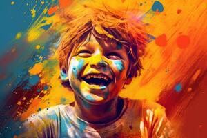 un niño niña hermosa cubierto ,celebracion de holi festival día vistoso ,generativo ai foto