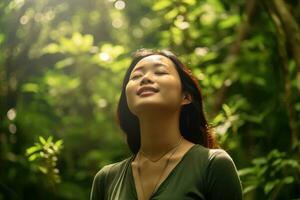 Woman relaxed breathing fresh air in a green forest at natural ,Generative AI. photo