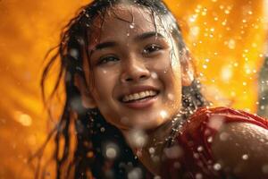 joven adulto mujer es en vacaciones Songkran agua festival Tailandia,generativa ai foto