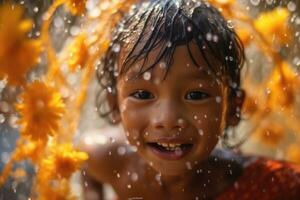 Close up boy is on playing water , Songkran water festival Thailand ,Generative AI photo