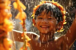 Close up boy is on playing water , Songkran water festival Thailand ,Generative AI photo