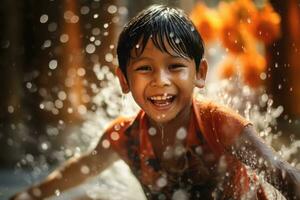 Close up boy is on playing water , Songkran water festival Thailand ,Generative AI photo