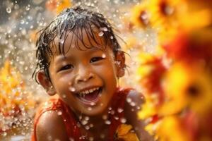 cerca arriba chico es en jugando agua , Songkran agua festival Tailandia ,generativo ai foto