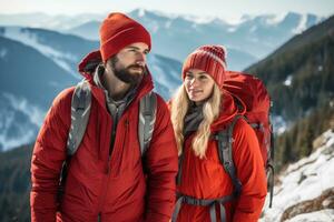 Pareja escaladores escalada el montañas en invierno ,generativo ai foto