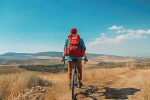 Cyclist with a red backpack on a background of blue sky.,Generative AI photo