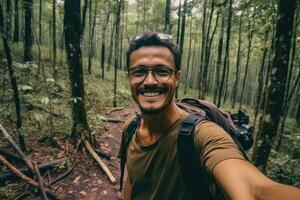 Travel blogger man taking selfie , trekking and filming in destination forest.Generative AI. photo