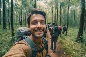 Travel blogger man taking selfie , trekking and filming in destination forest.Generative AI. photo