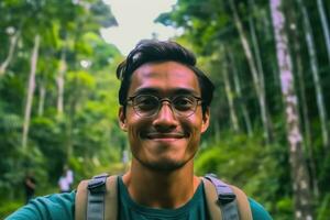 Travel blogger man taking selfie , trekking and filming in destination forest.Generative AI. photo