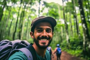 Travel blogger man taking selfie , trekking and filming in destination forest.Generative AI. photo