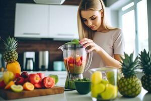 Young woman preparing a healthy smoothie in the kitchen,Generative AI. photo