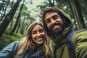 Close up face couple ,Travel blogger man taking selfie , trekking and filming in destination forest.Generative AI. photo
