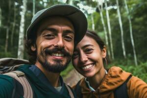 Close up face couple ,Travel blogger man taking selfie , trekking and filming in destination forest.Generative AI. photo