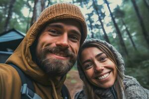 Close up face couple ,Travel blogger man taking selfie , trekking and filming in destination forest.Generative AI. photo