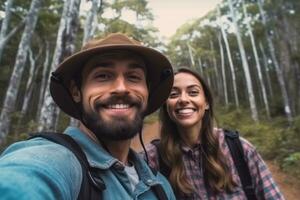 Close up face couple ,Travel blogger man taking selfie , trekking and filming in destination forest.Generative AI. photo